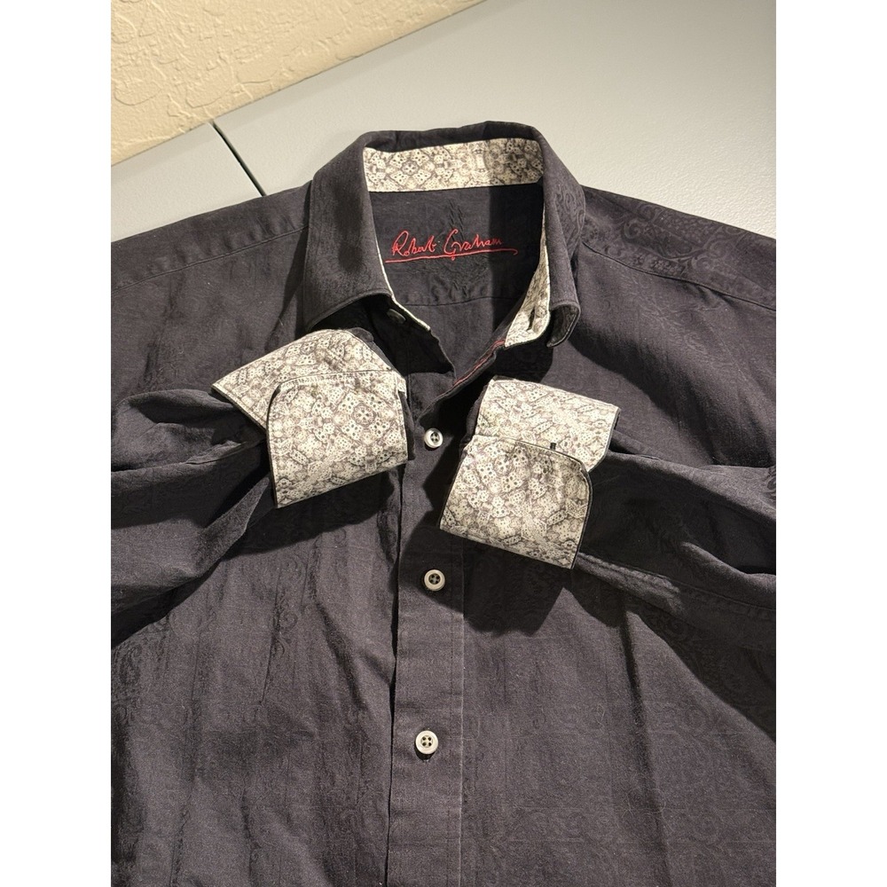 Robert Graham Black Paisley Flip Cuffs Shirt Size XL Long Sleeve